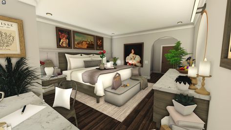 Bloxburg Mood Room Ideas, Blocksburg Master Room Ideas, Bloxburg Bed Designs, Roblox Bloxburg Parent Bedroom Ideas, Bloxburg Bedroom Color Schemes, Bloxburg Master Bedrooms Decor Cozy, One Floor House Interior, Roblox Bloxburg Master Room Ideas, Master Bedrooms Bloxburg Ideas