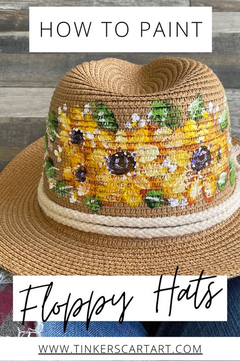 One of my most popular classes. Painting bright and cheery sunflowers on a straw hat with acrylics. Paint A Sunflower, Straw Hat Crafts, Painting Lesson, Canvas Acrylic Painting, Painted Hats, Hat Decoration, Hat Ideas, Straw Hats, Sunflower Painting