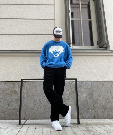 Hype Beast Aesthetic Outfits, Blue Crewneck Outfit Men, New Jeans Hype Boy Aesthetic, Blue Crewneck Outfit, Crewneck Outfit Aesthetic, Blue Hypebeast Aesthetic, Aesthetic Hypebeast, Blue Flannel Outfits Men Streetwear, Crewneck Outfit Men