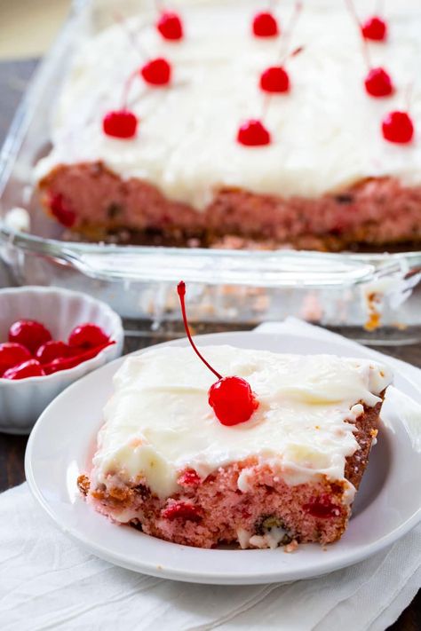 Cherry Sheet Cake with White Icing. Cherry Poke Cake, Cake With Cherry, Cherry Frosting, Whipped Frosting, 2024 Recipes, Poke Cake Recipes, Cherry Desserts, Poke Cakes, Cherry Cake