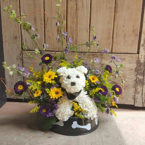 Woof! Fifi in her dog bowl. Flower arrangement made of carnations! Dog Arrangement, Bowl Flower Arrangement, Animal Flower Arrangements, Basket Flower Arrangements, Cat Sympathy, Dog Sympathy, Creative Flower Arrangements, Anniversary Flowers, Plant Shop