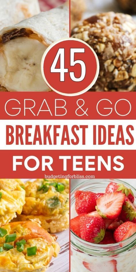 Trying to get your teen to eat breakfast in the morning can be a challenge. Find 45 quick and easy grab-and-go breakfast ideas for teens when they are rushing out the door for school. These simple and delicious breakfast recipes are sure to please even the pickest eater. Breakfast Ideas For Teens, Grab And Go Breakfast Ideas, Quick Meals For Kids, Breakfast On A Budget, Breakfast Alternatives, Breakfast Picnic, Breakfast Catering, Cheap Breakfast, Instant Breakfast