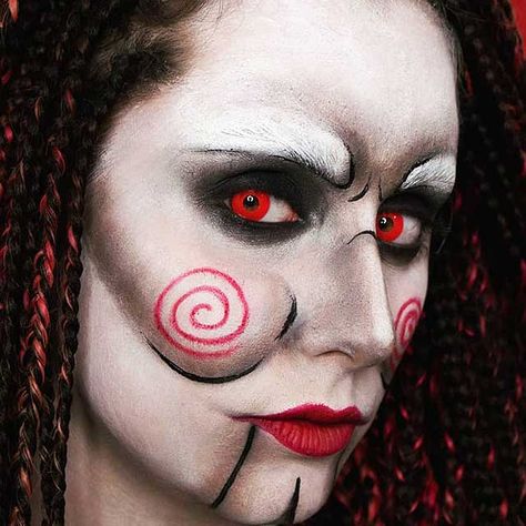 Movie Character Makeup, Jigsaw Halloween, Red Contacts Lenses, Halloween Costume Makeup, 2017 Halloween Costumes, Color Contacts For Halloween, Coloured Contacts, Billy The Puppet, Scary Vampire