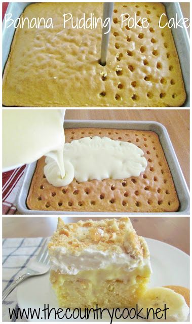 Banana Pudding Poke Cake-  Ingredients:  1 (10 oz.) box yellow cake mix  ingredients needed to make cake (eggs, oil & water)  2 (3.4 oz.) packages instant banana pudding  4 cups milk  1 (8 oz.) tub frozen whipped topping, thawed  20 vanilla wafers, crushed Puding Pisang, Banana Pudding Poke Cake, Pudding Poke Cake, Cake Mix Ingredients, Poke Cake Recipes, A Piece Of Cake, Monkey Bread, Poke Cake, Banana Recipes