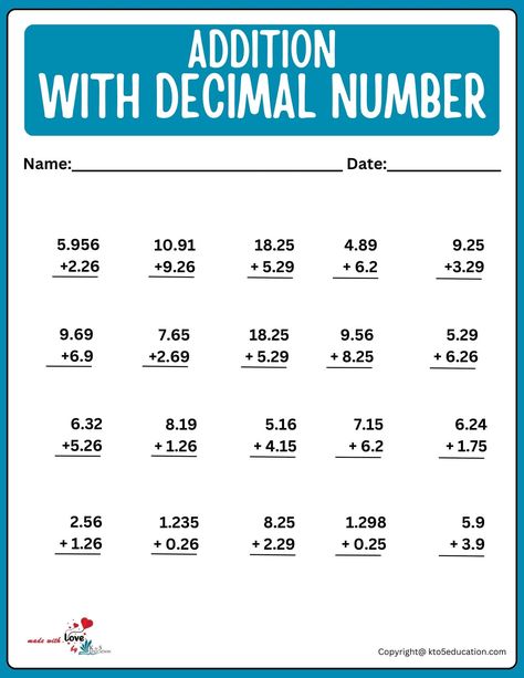 Decimal Number Addition Worksheet For 4th Grade | FREE Maths Addition Worksheets, Addition Of Integers, Addition Worksheets Kindergarten, Algebra Equations Worksheets, Free Fraction Worksheets, Decimals Addition, 5th Grade Math Games, Kindergarten At Home, Regrouping Addition