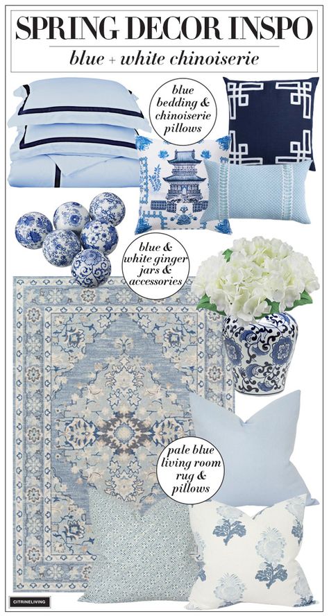 Chinoiserie Pillows, Spring Decorating Ideas, Blue And White Decor, Blue And White Living Room, Room Decoration Bedroom, Deco Rose, Blue White Decor, Spring Decorating, Faux Floral Arrangement