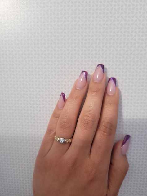 Plum Purple French Tip Nails, Plum Nails French Tip, Hoco Nails Dark Purple, Nails To Go With Dark Purple Dress, Purple And Silver French Tip Nails, Prom Nails Dark Purple Dress, Dark Purple And Silver Nails Acrylic, Purple Nail Designs French Tips, Prom Nails Purple Dark