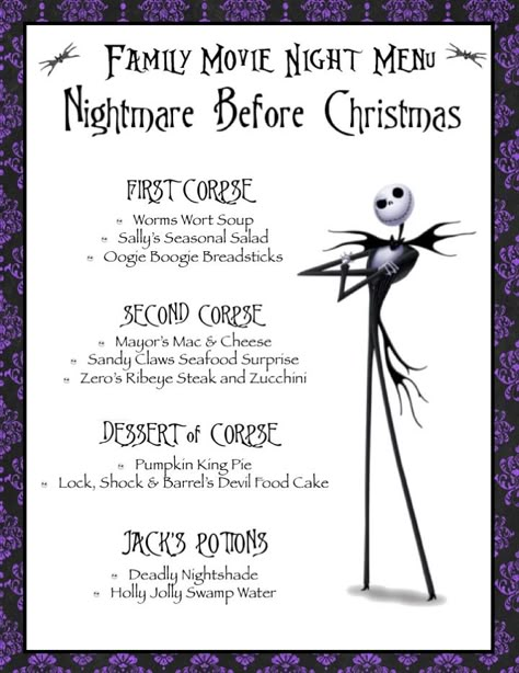 Nightmare Before Christmas Family Movie Night Menu (Halloween Version); Disney Family Movie Night; Nightmare Before Christmas Food Menu; Disney Movie Themed Dinner, Disney Movie Night Menu, Disney Themed Movie Night, Disney Movie Night Food, Menu Halloween, Disney Themed Food, Disney Movie Night Dinner, Disney Menus, Movie Night Dinner