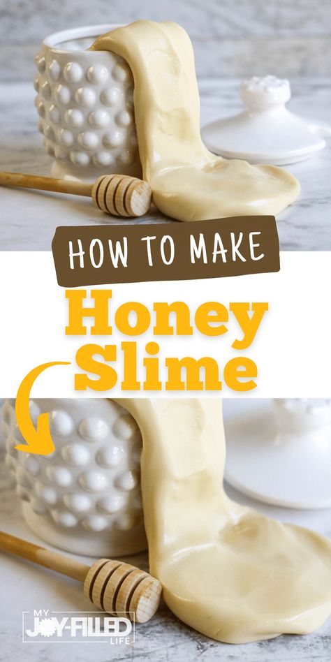 Here's a fun recipe for your slime-loving kids!! Honey Slime is easy to make with just 3 ingredients, plus it's safe and non-toxic - you could even eat it if you wanted to!! Honey Cornflakes, Honey Slime, Rosh Hashana Crafts, Slime At Home, Honey Snacks, Sensory Play Recipes, Bee Crafts For Kids, Bee Activities, Easy Slime Recipe