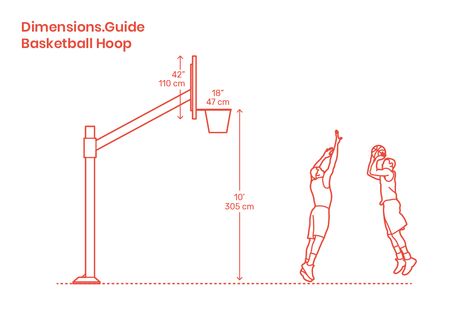 In basketball, the basket is comprised of a hoop (net) attached to a flat backboard (vertical glass board). Regulation basketball hoops are suspended 10’ | 3.05 m from the playing surface and have a standard rim diameter of 18” | 46 cm. The vertical backboard surface is made of plexiglass or tempered glass to prevent shattering and is sized at 42” x 72” | 110 x 183 cm. Basketball Board, Backboard Basketball, Basketball Dimensions, Diy Basketball Hoop, Basketball Three Point, Basketball Court Diagram, Basketball Ground, Hoops Basketball, Hoop Net