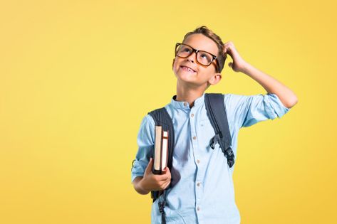 Student boy with backpack and glasses standing and thinking an idea. back to school Premium Photo Confused Face, Cute Owls Wallpaper, Black Friday Sale Banner, Photography Student, Powerpoint Background Design, Diy Embroidery Patterns, Boys Backpacks, Smart Kids, Face Expressions