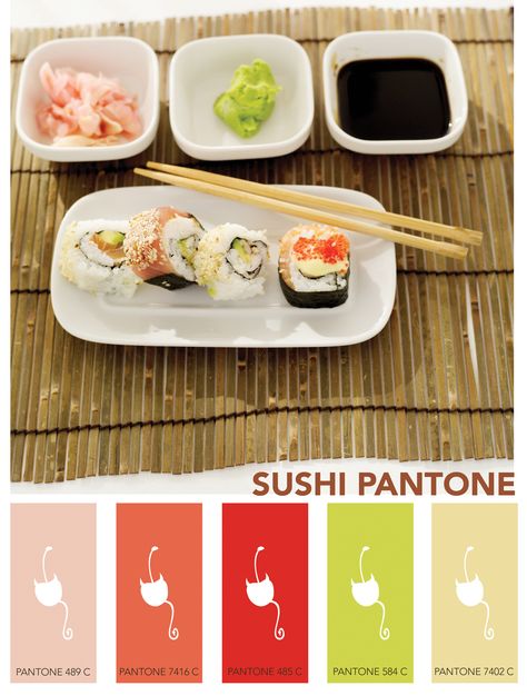 Sushi inspired Pantone palette I created    I must find a reason to use this!!!!   #sushi #design #Pantone #palette Sushi Ideas, Sushi Design, Pantone Palette, Colour Theory, Colour Palettes, Food Coloring, Color Theory, Colour Palette, Color Palettes