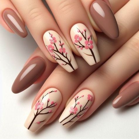 Nail Art Cherry Blossom, Brown Spring Nails, Cherry Blossom Nails Art, Cherry Blossom Nails, Fall Nail Ideas, Brown Nails Design, Nail Designs Valentines, Almond Nails Designs, Coffin Nails Long