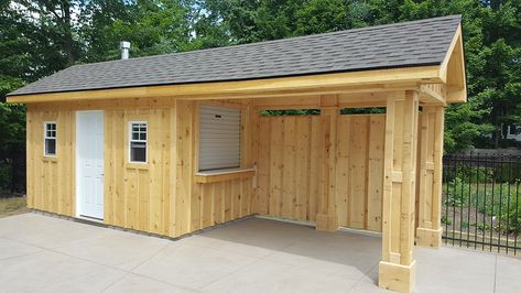 Patio With Shed Ideas, Shed With Outdoor Kitchen, Shed With Deck Patio, Cedar Shed Ideas, Shed With Deck, Backyard Shed Bar Ideas, Storage Shed Ideas, Gardening Shed, Open Shed