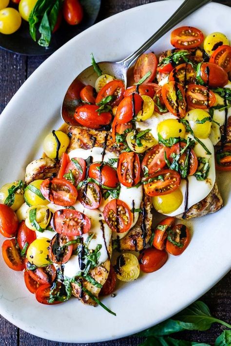 Grilled Chicken Caprese | Feasting At Home Grilled Chicken Caprese, Tomato Basil Salad, Feasting At Home, Chicken Caprese, Pesto Potatoes, Caprese Recipes, Italian Diet, Tomato Relish, Portuguese Food