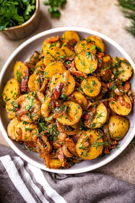 Hot German Potato Salad, Warm Bacon Vinaigrette, Hot Salad, Easy Bacon Recipes, Warm Potato Salad, Bacon Vinaigrette, Warm Potato Salads, Swiss Food, Salad Potato