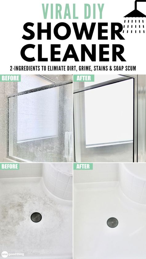 before and afters of a dirty shower getting cleaned Tub Cleaner Dawn And Vinegar, Hard Water Stains On Shower Doors, Shower Cleaner Heavy Duty, Soap Scum Remover Diy, Shower Cleaner Recipe, Vinegar Shower Cleaner, Shower Tile Cleaner, Glass Shower Door Cleaner, Diy Shower Cleaner