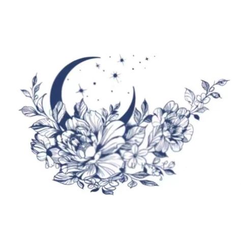 Sun Moon Stars Flower Tattoo, Leaves And Stars Tattoo, Flower Moon And Stars Tattoo, Moon Star Flower Tattoo, Moon Stars Flowers Tattoo, Water And Stars Tattoo, Collarbone Tattoo Both Sides, Moon Tattoo On Collarbone, Floral Star Tattoo