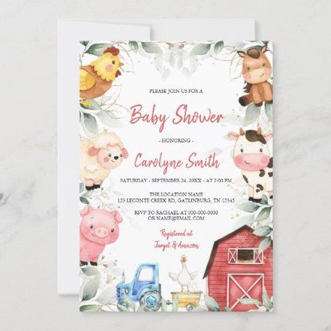 Boy Farm Animals Barnyard Baby Shower - Baby Shower Invitations Farm Birthday Invitation, Farm Baby Shower, Rustic Baby Shower Invitations, Fall Baby Shower Invites, Animal Baby Shower Invitations, Baby Farm Animals, Gender Neutral Baby Shower Invitations, Animals Baby Shower, Farm Baby