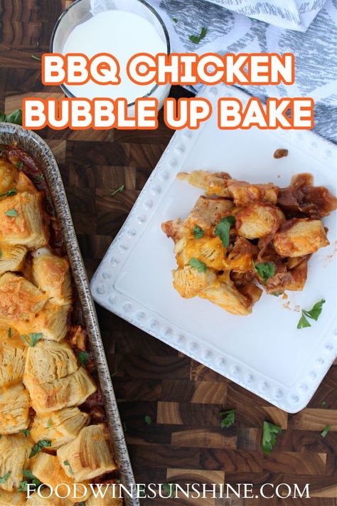 BBQ Chicken Bubble Up Bake | This BBQ Chicken Bubble Up Bake is the ultimate comfort food! Ready in less than an hour, it has everything you crave about comfort food! Biscuits, cheese, BBQ sauce oh my! | Food Wine Sunshine #dinnerideas #chickenrecipes #dinner Chicken Casserole With Biscuits, Chicken Bubble Up Bake, Bubble Up Bake, Bbq Chicken Casserole, Casserole With Biscuits, Biscuits Cheese, Best Bbq Chicken, Pork Recipes For Dinner, Brunch Casserole