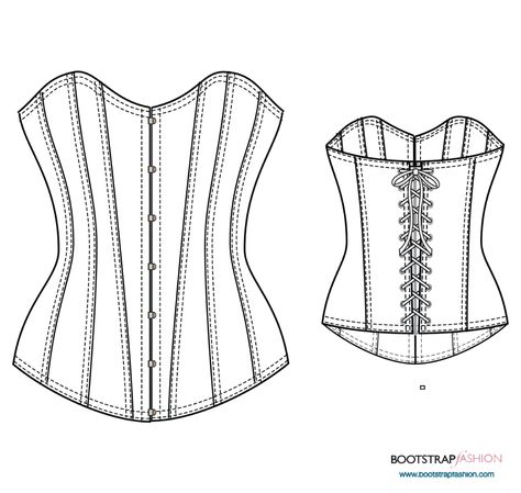 Corset Flat Drawing, Corset Technical Drawing, Corset Flat Sketch, Flat Drawings, Flat Pattern, Technical Illustration, Corset Pattern, Top Sewing, Sewing Instructions