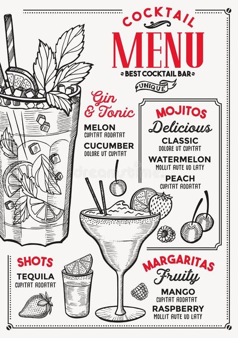 Illustration about Cocktail bar menu. Vector drinks flyer for restaurant and cafe. Design template with vintage hand-drawn illustrations. Illustration of hipster, doodle, mojito - 114010649 Drink Flyer Design, Cocktail Illustration Graphic Design, Bar Flyer Design, Cocktail Doodle, Cocktail Menu Design, Bar Flyer, 7 Fishes, Menu Illustration, Menu Card Design