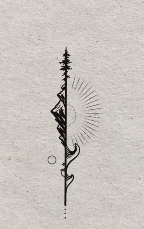 Tattoo Designs Men Bicep, Mountains Spine Tattoo, Spine Tattoo Mountain, Bushcraft Tattoo, Ribs Tattoo Ideas, Vertical Nature Tattoo, Small Outdoor Tattoos, Nature Spine Tattoo Men, Tattoo Wrist Men