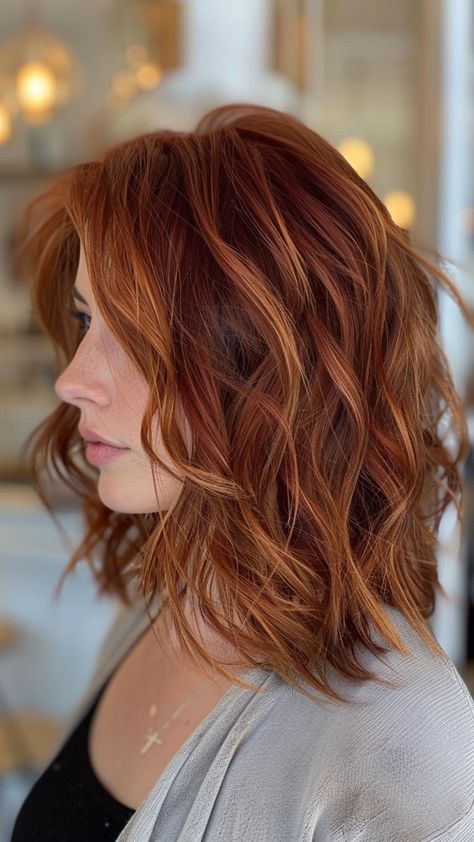 24 Long Layered Bob Haircuts and Hairstyles That Will Boost Your Confidence Today | Lookosm Shoulder Length Hair Red Auburn, Red Lob Hair, Copper Layered Hair, Red Lob Haircut, Medium Length Haircut Red Hair, Long Bob Red Hair, Red Hair Lob, Autumn Red Hair, Shoulder Length Red Hair