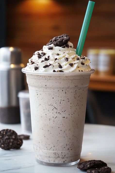 Cookies and Cream Frappuccino Cookies And Cream Frappuccino, Pinterest Cookies, Frappuccino Recipe, Crushed Oreos, Vanilla Whipped Cream, Mint Cookies, Chocolate Powder, Refreshing Desserts, Dairy Free Milk