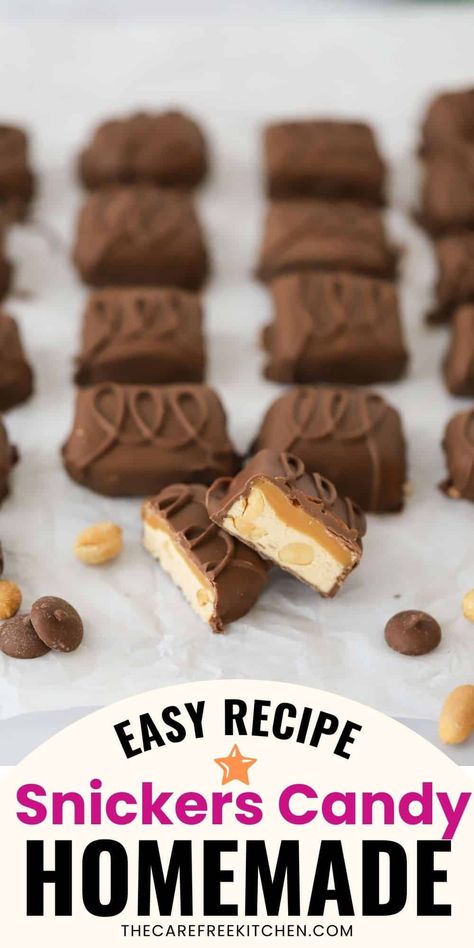 This easy Snickers Candy Bar Recipe tastes just like the real thing, complete with soft and fluffy peanut nougat, chewy caramel, and a layer of chocolate around each piece. They are great for holiday dessert platters and make the best edible gifts. #thecarefreekitchen #candy #homemadecandy #snickers #snickersrecipe #homemadesnickers #holidaycandy #ediblegifts Snickers Recipes, Holiday Dessert Platter, Candy Bar Recipes, Snickers Recipe, Dessert Platters, Candy Bar Recipe, Candy Homemade, Christmas Candy Homemade, Soup Bread