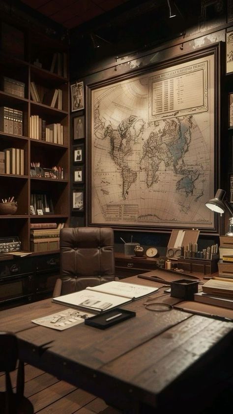 British Explorer Aesthetic, Study Room Decor Vintage, Authors Office, Steampunk Room Ideas, Post Office Interior, Cozy Study Room, Map Room, Home Library Design, Study Space