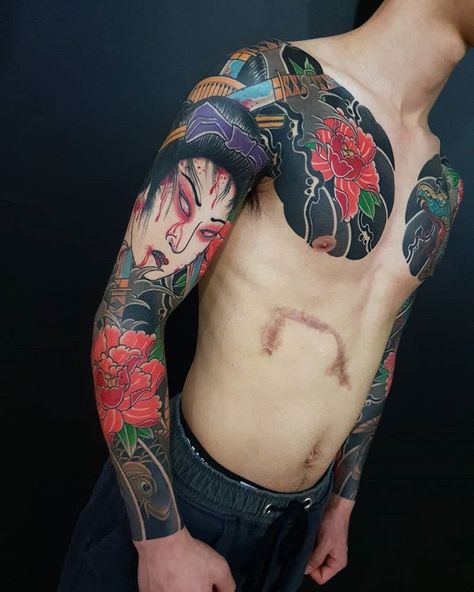 Incheon Tattoo Guwol-dong K-ZIN (Kejin) Irezumi (@zin.tattoo) • Instagram photos and videos Namakubi Tattoo, Colorful Sleeve Tattoos, Hannya Mask Tattoo, Hannya Mask, Geisha Tattoo, Tattoo Instagram, Mask Tattoo, Body Suits, Japan Tattoo