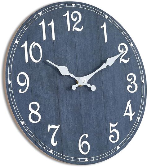 Wooden navy blue rustic wall clock, with MDF material. Black metal minute hour hand with large dial, easy to read. 2-[Silent Working] - Using high quality silent non-ticking mechanism with smooth movement, ensure a quiet environment and keeps accurate time. Blue Wall Clocks, Rustic Wall Clock, Navy Walls, Navy Blue Walls, Blue Clocks, Rustic Wall, Rustic Walls, Kitchen Living Room, Ticks