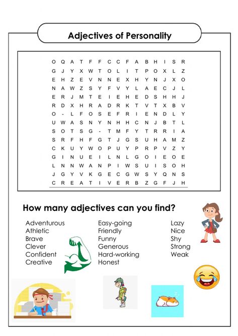 Personality Adjectives Worksheets, Describing Personality, Adjectives For Kids, Personality Words, Personality Adjectives, Adjectives Activities, Adjective Words, Adjective Worksheet, Word Search Puzzles