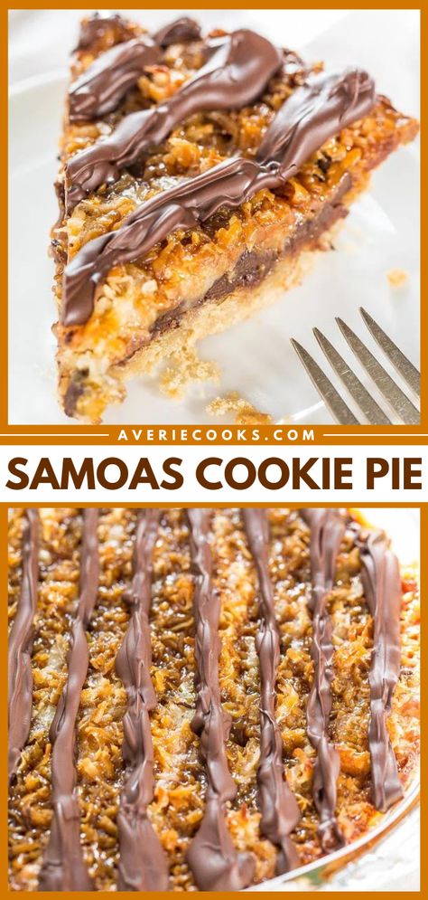 Samoa Pie Recipe (Girl Scouts Cookie Pie!) - Averie Cooks Samoa Girl Scout Cookie Recipe, Samoa Cookie Bars, Samoa Cookie Cake, Homemade Samoa Cookies, Thanksgiving Pie Desserts, Samoas Cookie Pie, Pie Ideas Creative, College Desserts, Samoas Cookies Recipe