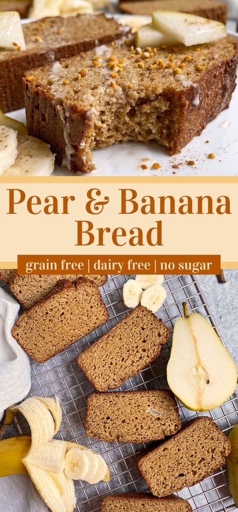 This healthy banana pear bread recipe is gluten free, dairy free and paleo friendly. This pear bread is made with almond flour and only sweetened with fruit - no sugar added. It is the perfect fall loaf! #pearbread #bananapear #paleobread #quickbread Gluten Free Pear Bread, Pear Loaf Recipes, Pear Recipes Healthy, Pear Quick Bread, Healthy Recipes Vegan, Inflammatory Meals, Pear Bread, Bread Toppings, Paleo Muffins