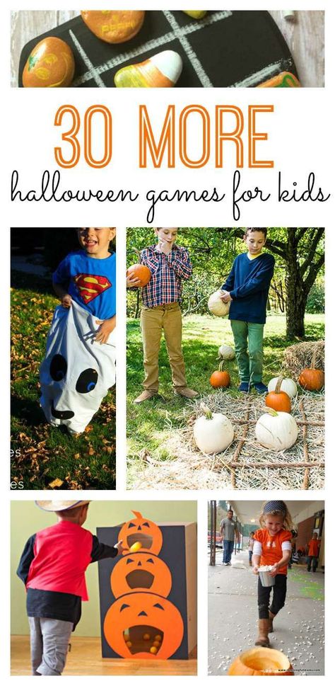 30 More Halloween Games for Kids! We've rounded up the best ideas for lots of Halloween fun this fall. Imprimibles Halloween, Halloween Class Party, Diy Halloween Games, Casa Halloween, Fall Games, Halloween Games For Kids, Harvest Party, Kids At Home, Halloween Activities For Kids