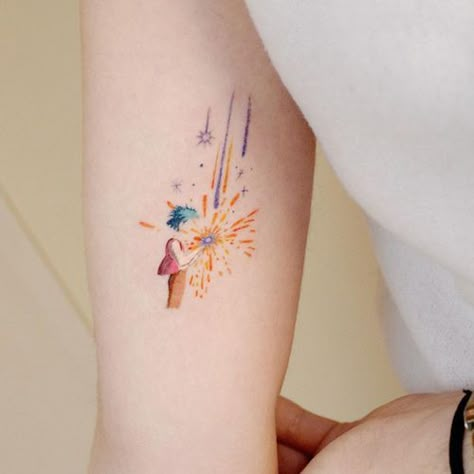 Firework Tattoo, Tatuaje Studio Ghibli, Kunstjournal Inspiration, Castle Tattoo, Ghibli Tattoo, Handpoke Tattoo, 4 Tattoo, Cute Little Tattoos, Tatuaje A Color