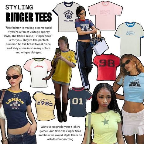 70’s fashion is making a comeback! If you’re a fan of vintage sporty style, the latest trend – ringer tees – is for you. They’re the perfect summer-to-fall transitional piece, and they come in so many colors and unique designs. Want to upgrade your t-shirt game? Here are 16 of our favorite ringer tees and how we would style them full blog post on astyleset.com/blog/cool-ringer-tees #menswear #menswear #90sfashion Ringer Tee Outfit, Outfit Links, Long Outfit, 70’s Fashion, Y2k Vibes, Ringer Tee, Sporty And Rich, Latest Trend, Tshirt Outfits