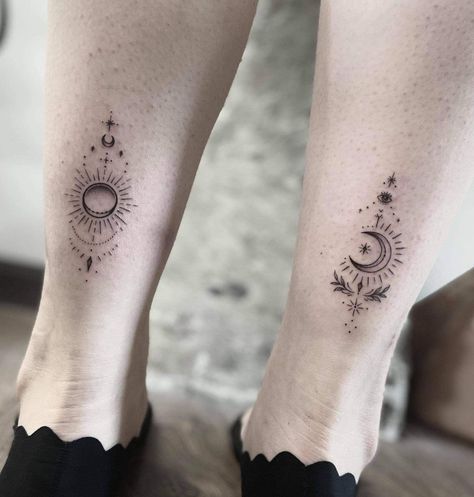 Word Tattoo Aesthetic, Hand And Moon Tattoo, Matching Sun And Moon Tattoo Friends, Matching Celestial Tattoos, Best Friend Tattoos Sun And Moon, Sunflower Tattoo Ankle, Matching Leg Tattoos, Moon Leg Tattoo, Heart Tattoo Women