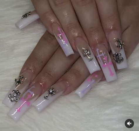 Cross Gems On Nails, Cute Long Acrylic Nails, Acrylic Nails Gems, Long Square Acrylic Nails Designs, Trendy Nails Square, Long Pink Acrylic Nails, Nails With Gems, Long Acrylic Nail Designs, Dope Nail Designs