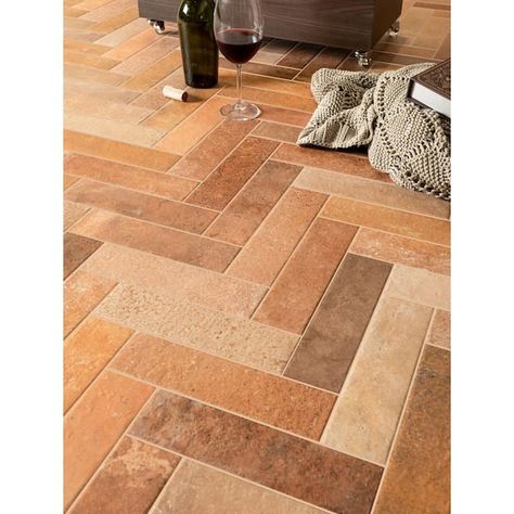 Brown Floor Tile, Red Tile Floor, Cotto Tile, Herringbone Tile Floors, Tile Bedroom, Shower Backsplash, Brown Floor, Bullnose Tile, Brick Art