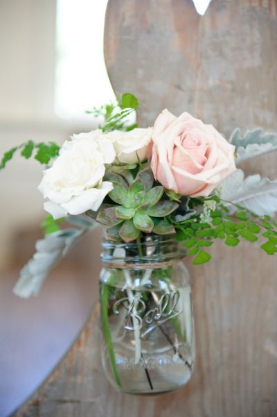 Succulents and roses in a mason jar. Flowers In Mason Jars, Clean Photo, Succulent Wedding Centerpieces, Wedding Centerpieces Mason Jars, Ceremony Florals, Photography Concept, Flower Mix, Jar Centerpieces, Vintage Mason Jars