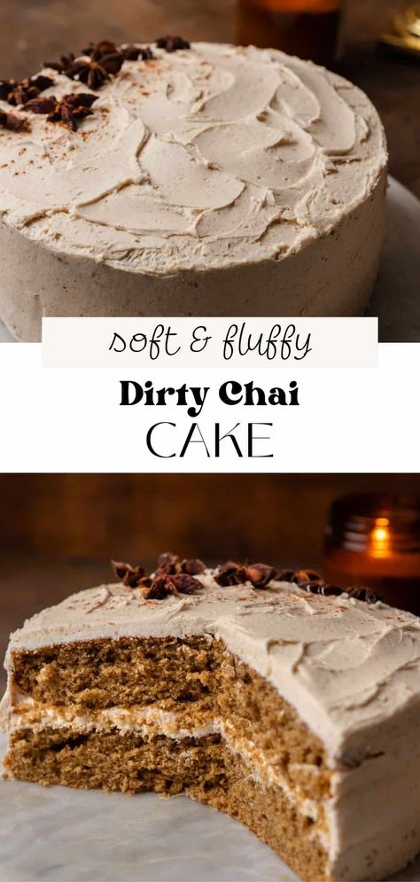 This dirty chai latte cake has a fluffy and moist espresso flavored sponge topped with a silky smooth chai buttercream frosting. All the cozy warming spices make it the perfect Fall cake! Chai Tea Cake Easy, Vanilla Chai Cake Recipe, Brown Sugar Chai Cake, Dirty Chai Latte Cake, Chai Birthday Cake, Spiced Chai Cake, Brown Butter Chai Cake, Chai Cake Design, Apple Chai Cake