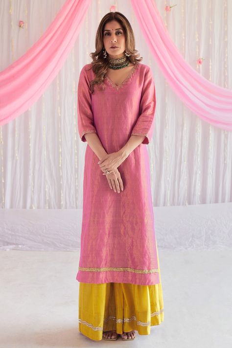 Tissue Sharara, Kurti Models, Kurta Ideas, Kurta And Sharara Set, Kurta And Sharara, Pink Kurta, Punjabi Outfits, Simple Kurti Designs, Marigold Yellow