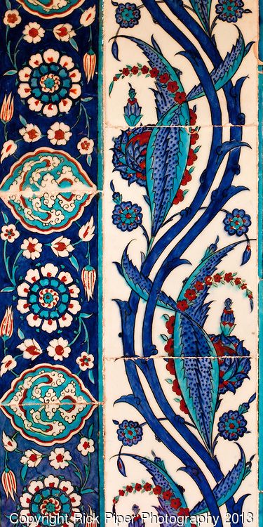 Stylized flower and leaf motifs on Iznik tiles in Rustem Pasa Mosque, Eminonu, Istanbul, Turkey // Rick Piper Photography Turkey Art, Iznik Tile, Turkish Tile, Turkey Pattern, Turkish Tiles, Islamic Patterns, Ancient Persian, Turkish Ceramics, Islamic Art Pattern