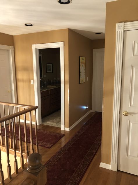 Upstairs hallway before Hallways Upstairs, Hallway Reference, Hallway Photography, Hallway Aesthetic, Stairway Makeover, Story Study, 1980s House, 90s House, Upstairs Hallway Ideas