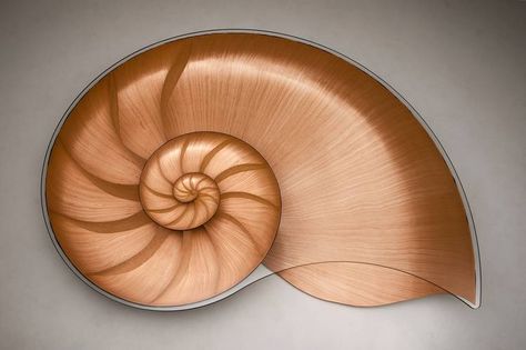 A view of the Nautilus table, from above, has a ‘shell’ carved from sycamore and is under a glass top. Logarithmic Spiral, Sea Decor, Nautilus Shell, Snail Shell, Walnut Table, Furniture Maker, Walnut Veneer, Bespoke Furniture, Sealife