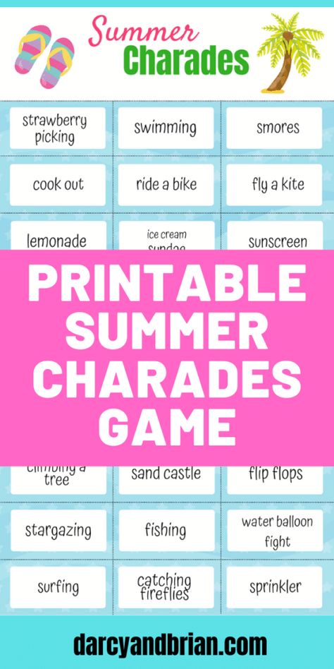 This summer themed charades for kids printable game is a fun family activity that is easy to play inside or outside. Add these ideas for charades to your next family game night or for another rainy day activity. Grab this free printable game for kids for easy summer fun! Printable Family Games, Camp Charades, Summer Theme Days, Social Activities For Kids, Family Charades Printable, Charades Cards Free Printable, Summer Charades, Kids Charades, Summer Scattergories