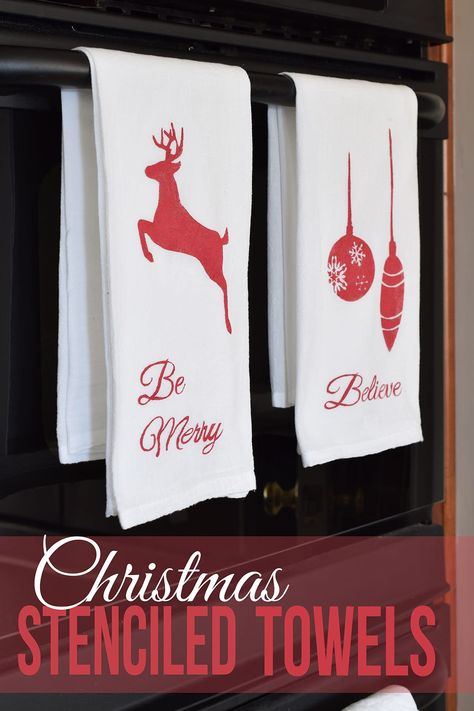 Today, I have some fabulous stenciled kitchen towels to share with you. As a bonus, I am sharing the files for your personal use to create these beautiful Christmas icon stencils. Stenciled Tea Towels, Christmas Tree Silhouette, Diy Towels, Homemade Christmas Decorations, Christmas Vinyl, Christmas Stencils, Silhouette Christmas, Towel Crafts, Christmas Towels